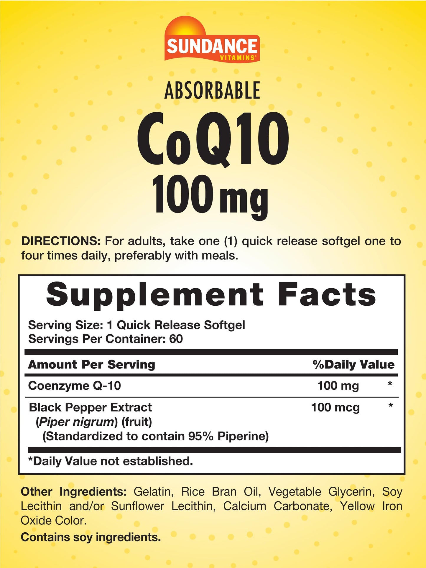 Sundance CoQ10 100mg Softgels – 60 Count, Black Pepper Extract, Non-GMO & Gluten Free