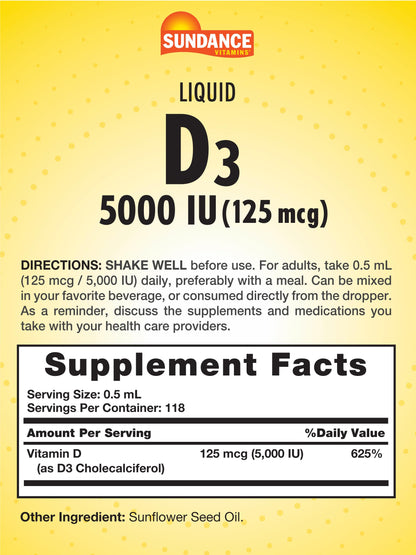 Sundance Vitamin D3 5000 IU Liquid Drops – 2 oz | Vegetarian, Non-GMO, Gluten Free