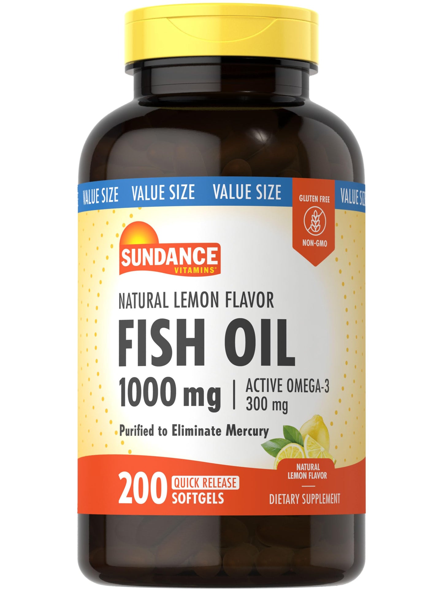 Sundance Fish Oil Softgels 1000mg with Active Omega-3 – Lemon Flavor, 200 Softgels, Non-GMO & Gluten Free