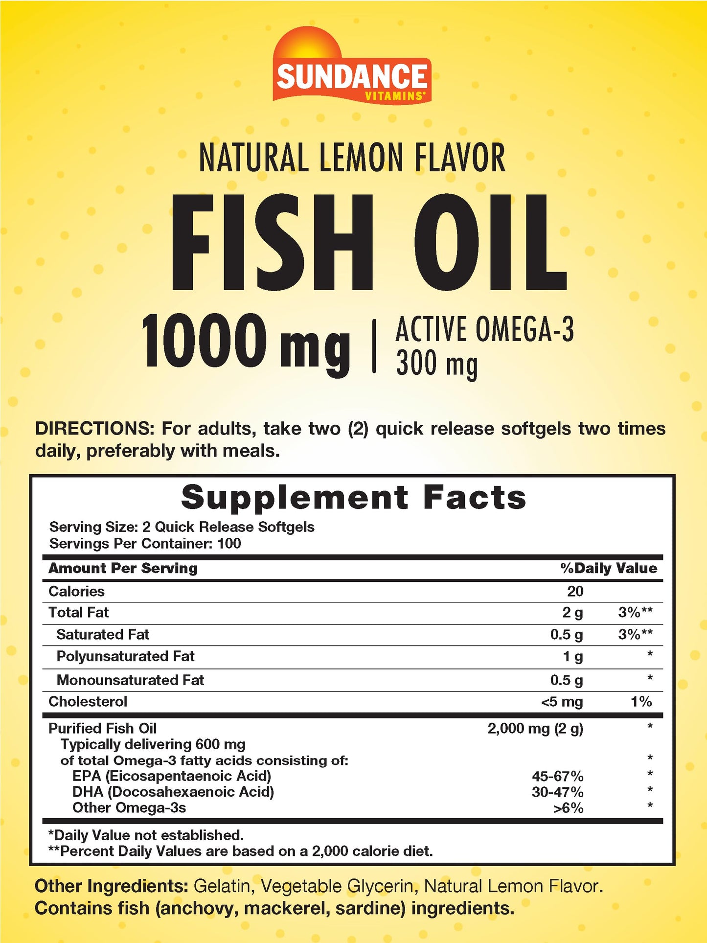 Sundance Fish Oil Softgels 1000mg with Active Omega-3 – Lemon Flavor, 200 Softgels, Non-GMO & Gluten Free