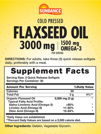Sundance Flaxseed Oil 3000mg - 90 Softgels | 1500mg Omega-3, Cold Pressed, Non-GMO, Gluten Free