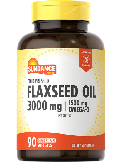 Sundance Flaxseed Oil 3000mg - 90 Softgels | 1500mg Omega-3, Cold Pressed, Non-GMO, Gluten Free