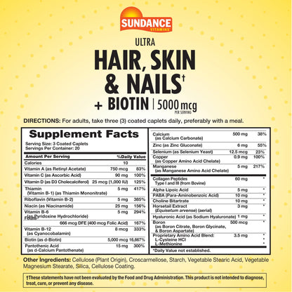 Sundance Hair, Skin & Nails Vitamins 5000mcg | Biotin & Collagen | 60 Caplets