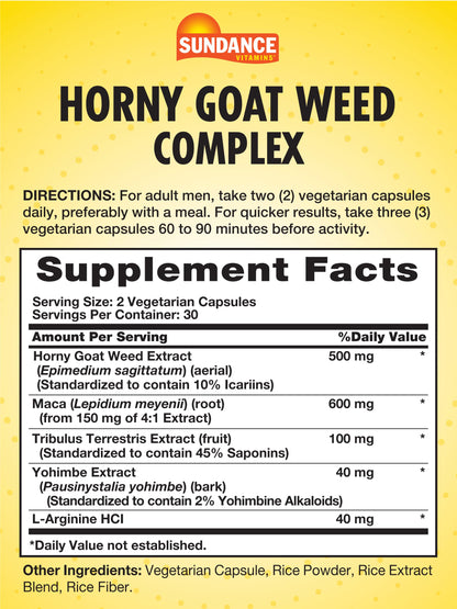Sundance Horny Goat Weed Complex – 60 Capsules | Maca, Tribulus Terrestris & L-Arginine | Vegetarian, Non-GMO, Gluten Free