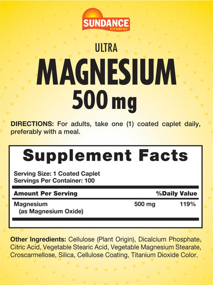 Sundance Magnesium 500mg Oxide – 100 Coated Caplets | Vegetarian, Non-GMO, Gluten Free