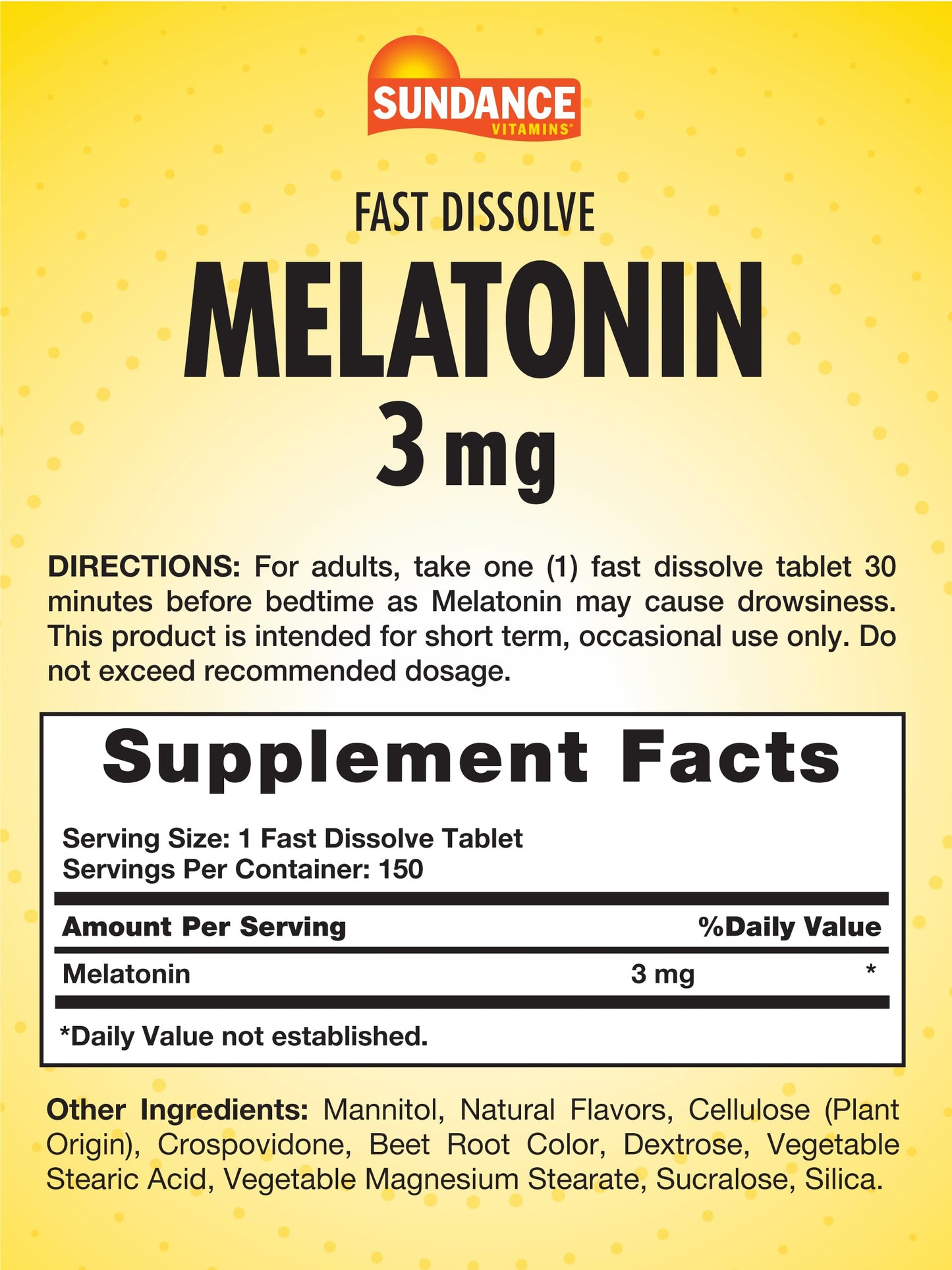 Sundance Melatonin Fast Dissolve 3mg – Berry Flavor, Vegetarian, Non-GMO, Gluten Free