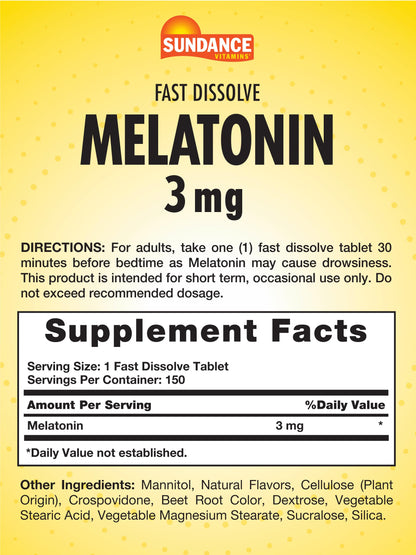 Sundance Melatonin Fast Dissolve 3mg – Berry Flavor, Vegetarian, Non-GMO, Gluten Free