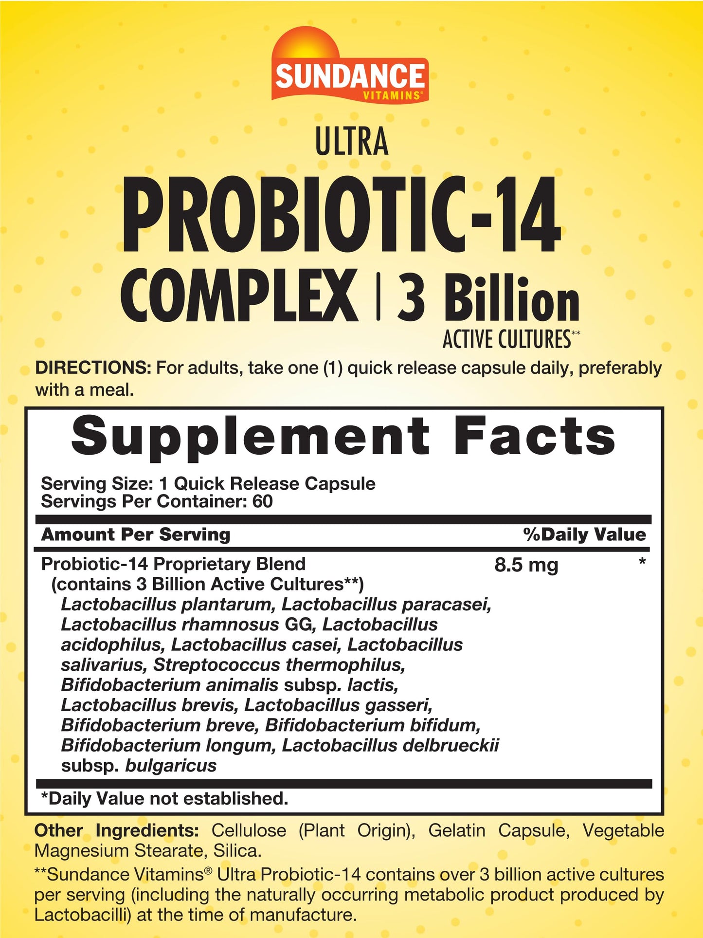 Sundance Probiotic-14 Complex | 3 Billion Active Cultures | 60 Capsules | Non-GMO & Gluten Free
