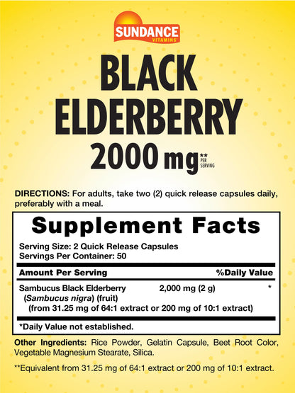 Sundance Sambucus Black Elderberry Capsules – 2000mg, 100 Count (Non-GMO, Gluten Free)
