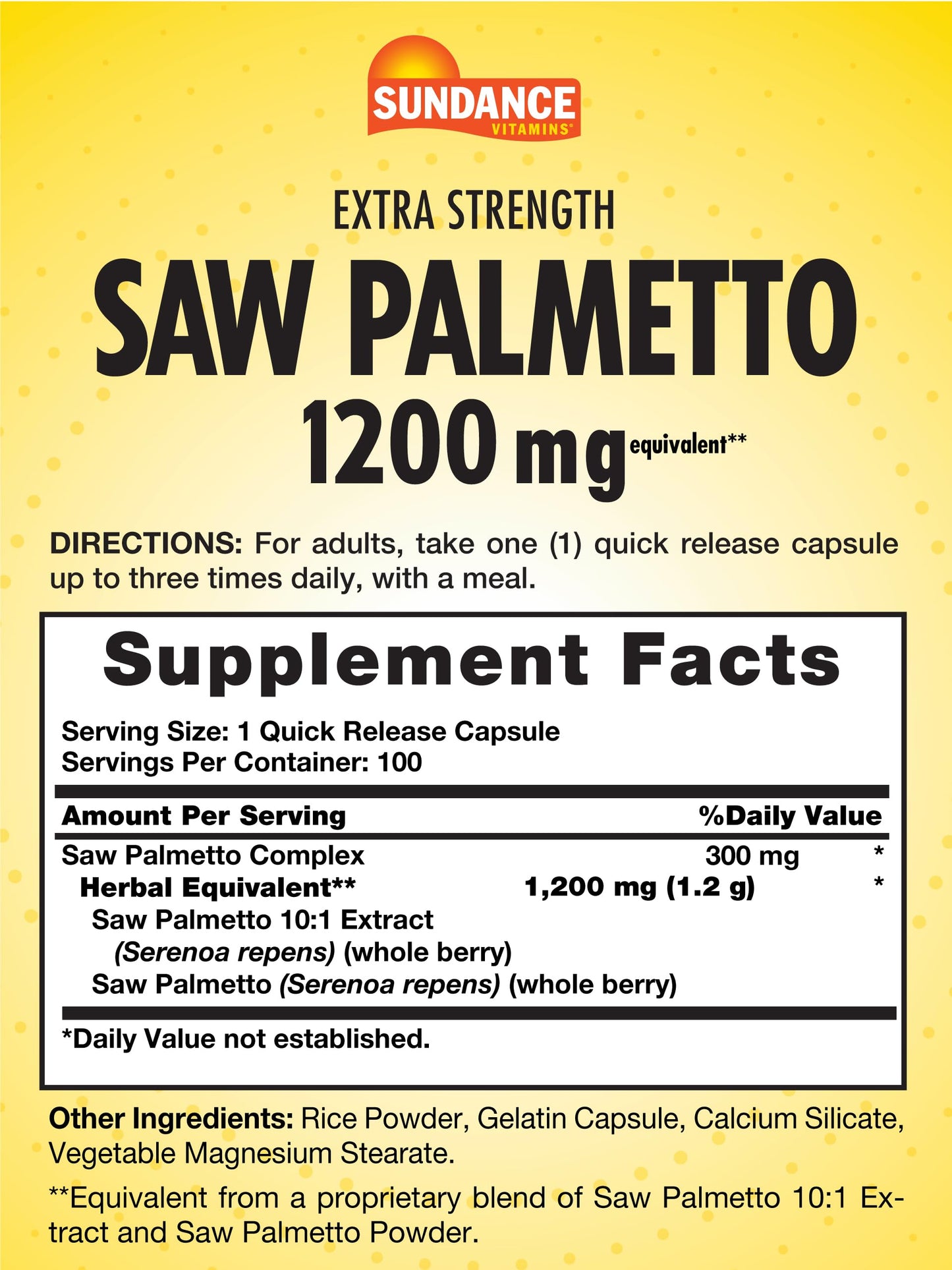 Sundance Saw Palmetto 1200mg for Men – 100 Quick Release Capsules | Non-GMO & Gluten Free