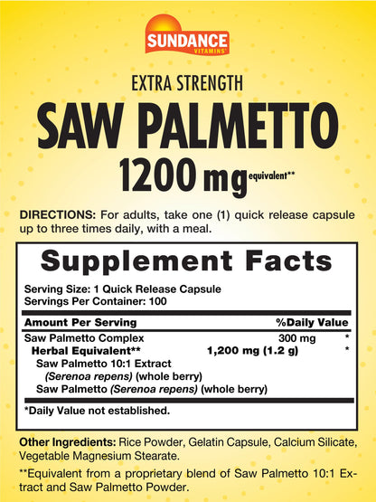 Sundance Saw Palmetto 1200mg for Men – 100 Quick Release Capsules | Non-GMO & Gluten Free