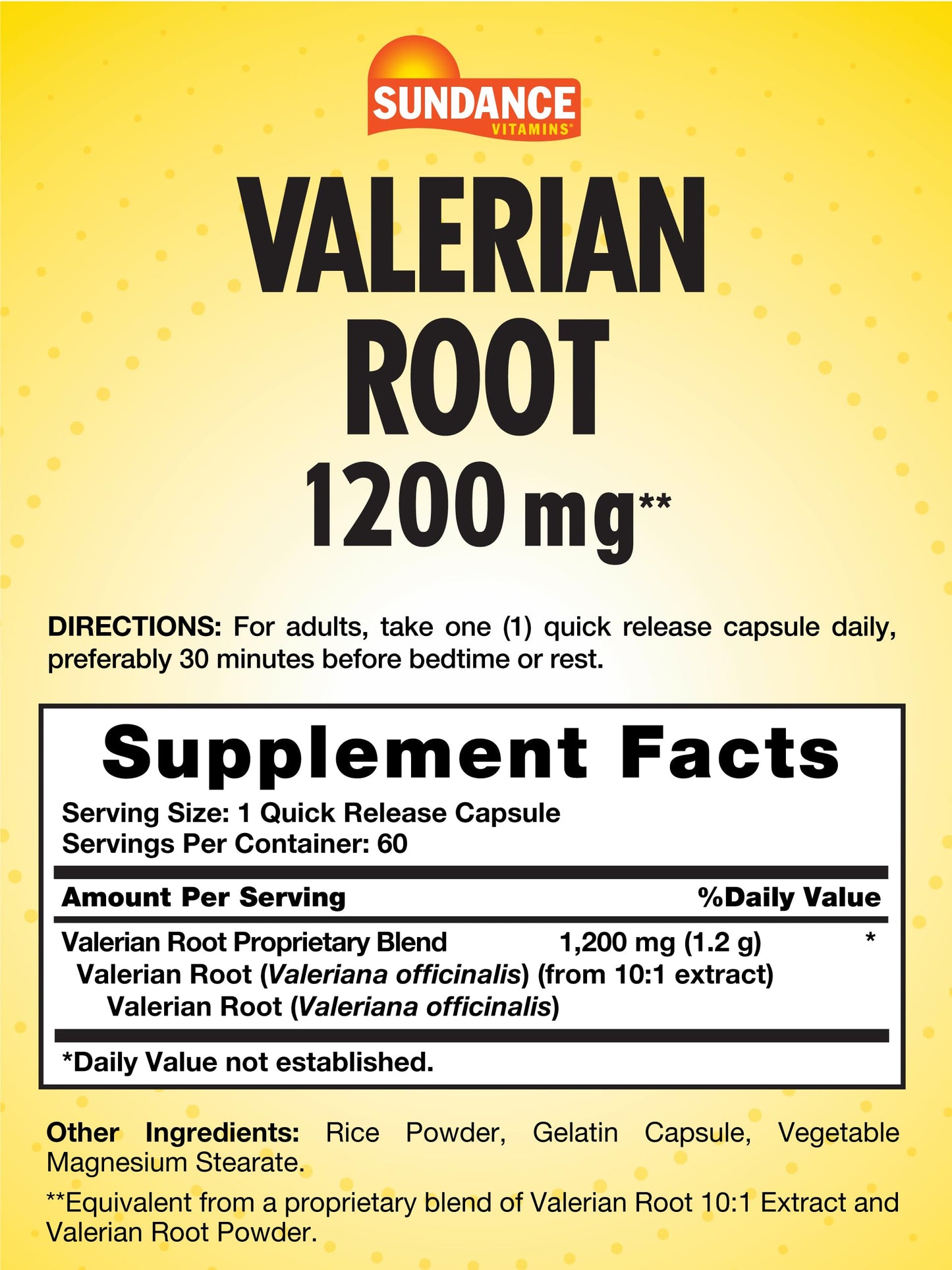 Sundance Valerian Root Supplement 1200 mg | 60 Quick-Release Capsules | Non-GMO & Gluten Free