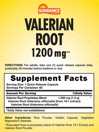 Sundance Valerian Root Supplement 1200 mg | 60 Quick-Release Capsules | Non-GMO & Gluten Free