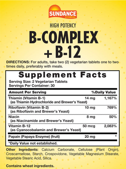 Sundance Vitamin B-Complex with B-12 – 60 Tablets | High Potency, Vegetarian, Non-GMO, Gluten Free