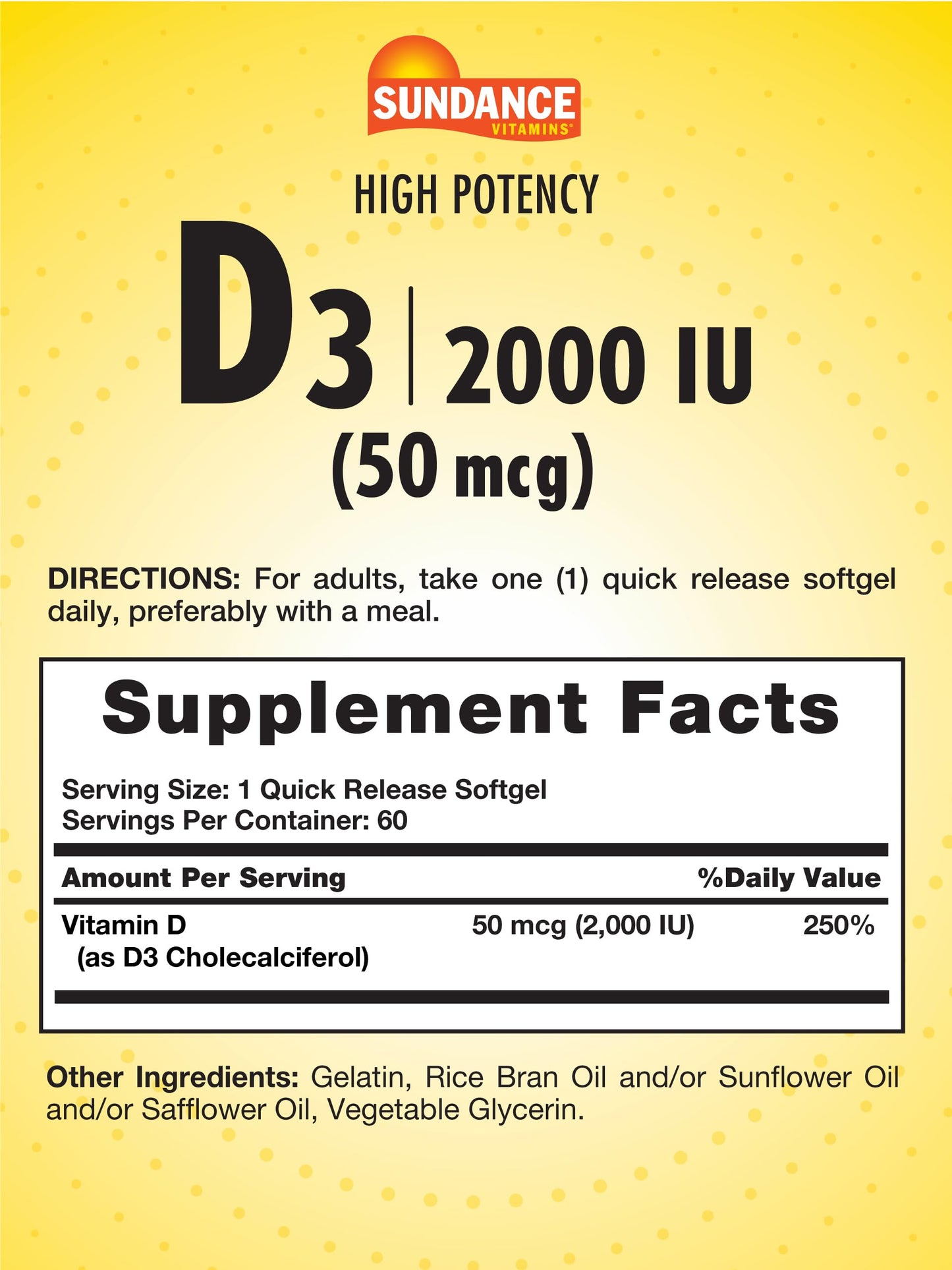 Sundance Vitamin D3 2000 IU | 60 Quick Release Softgels | High Potency | Non-GMO and Gluten Free Supplement