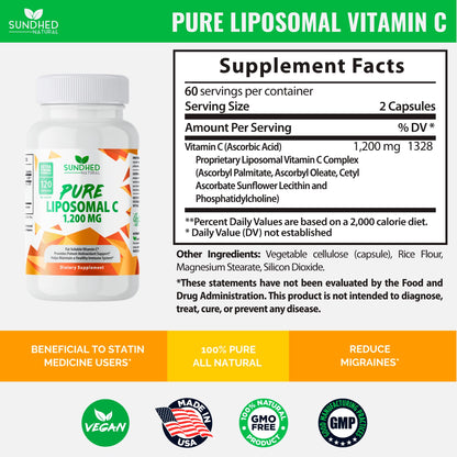 Sundhed Natural Pure Liposomal Vitamin C 1200mg – Immune Support & Skin Health (120 Capsules)