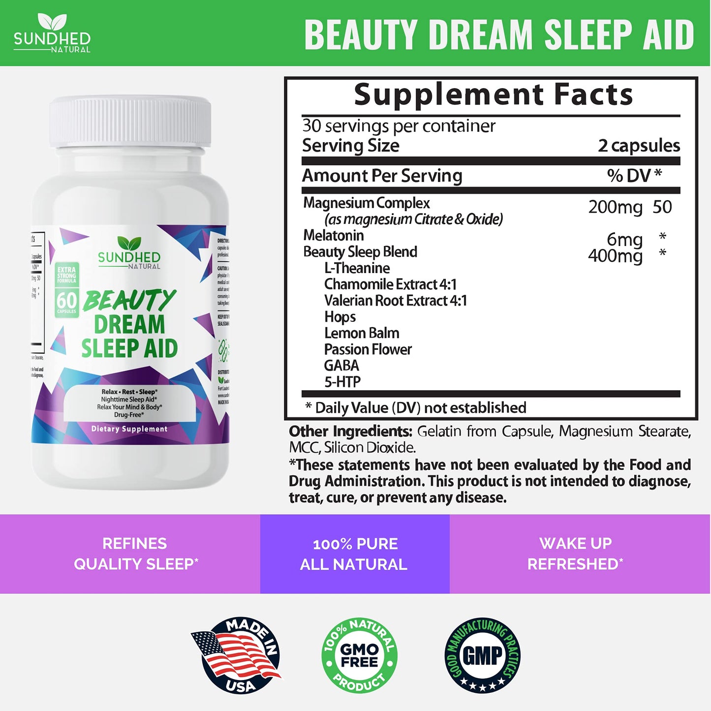 Sundhed Natural Sleep Aid – Dream Sleep with Melatonin & Valerian, Non Habit Forming, Made in USA