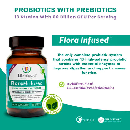 Life Infused Flora Infused Probiotics with Prebiotics - 50 Billion CFU, 13 Strains, Enzyme Blend - Vegan - 60 Capsules