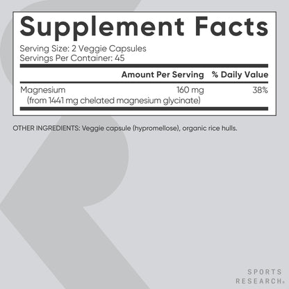 Sports Research Magnesium Glycinate 160 mg | Chelated, Vegan Capsule – 90 Count