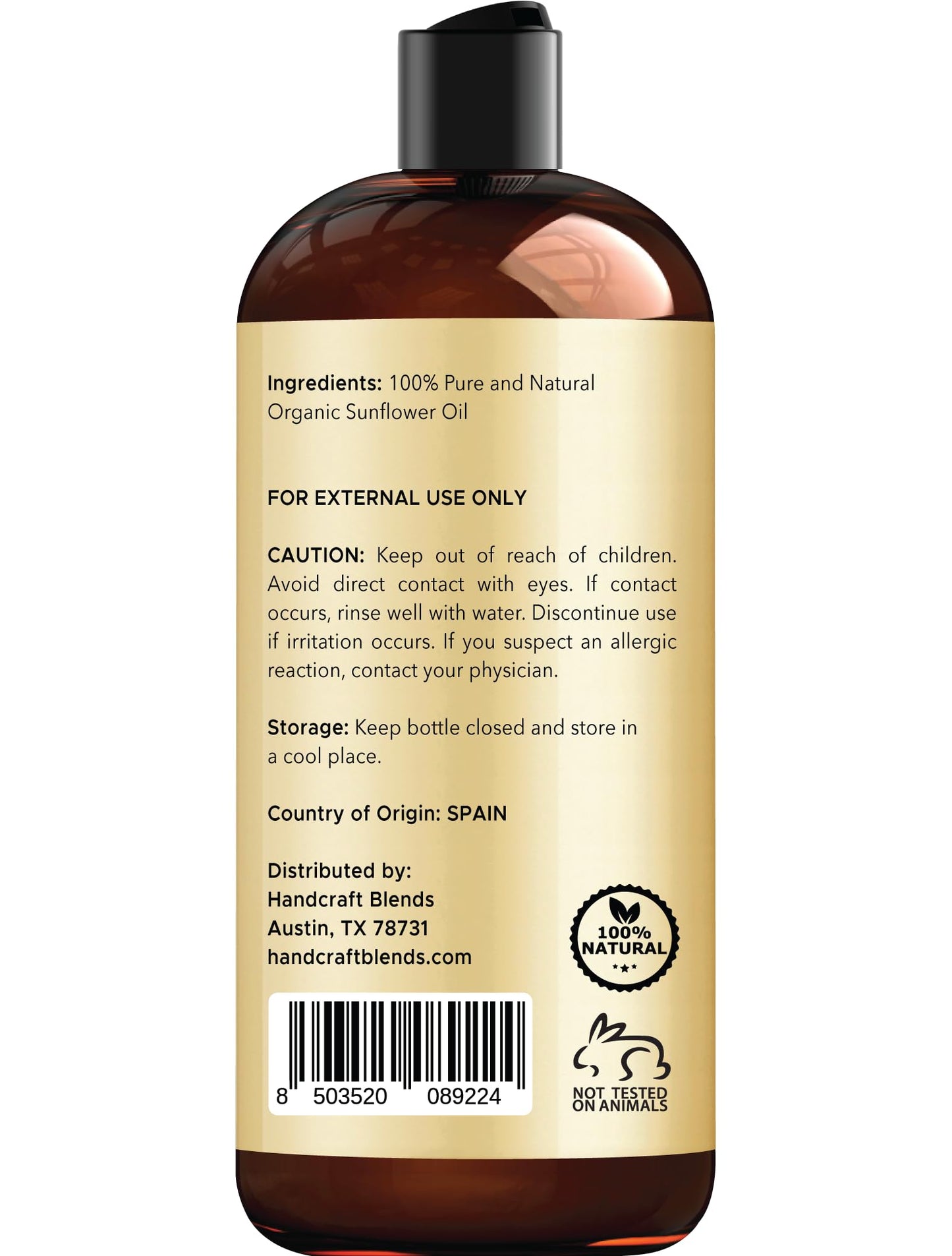 Handcraft Blends USDA Organic Sunflower Oil - Cold-Pressed 16 Oz - 100% Pure and Natural - Premium Grade Carrier Oil for Skin and Hair - Hair and Body - Massage - Hexane-Free