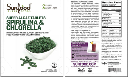 Sunfood Chlorella Spirulina Tablets - Vegan Green Algae Supplement, 4 oz