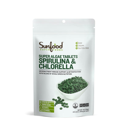 Sunfood Chlorella Spirulina Tablets - Vegan Green Algae Supplement, 4 oz