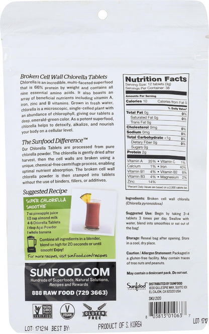 Sunfood Chlorella Tablets – Broken Cell Wall, Vegan, Non-GMO, 4 oz Bag