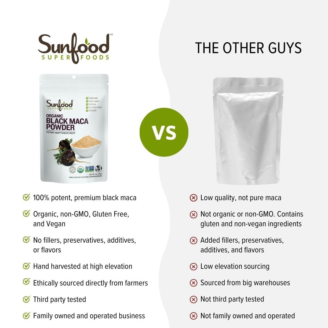 Sunfoods Organic Black Maca Powder - Raw Peruvian Black Maca, 4 oz Bag | Vegan, Gluten-Free