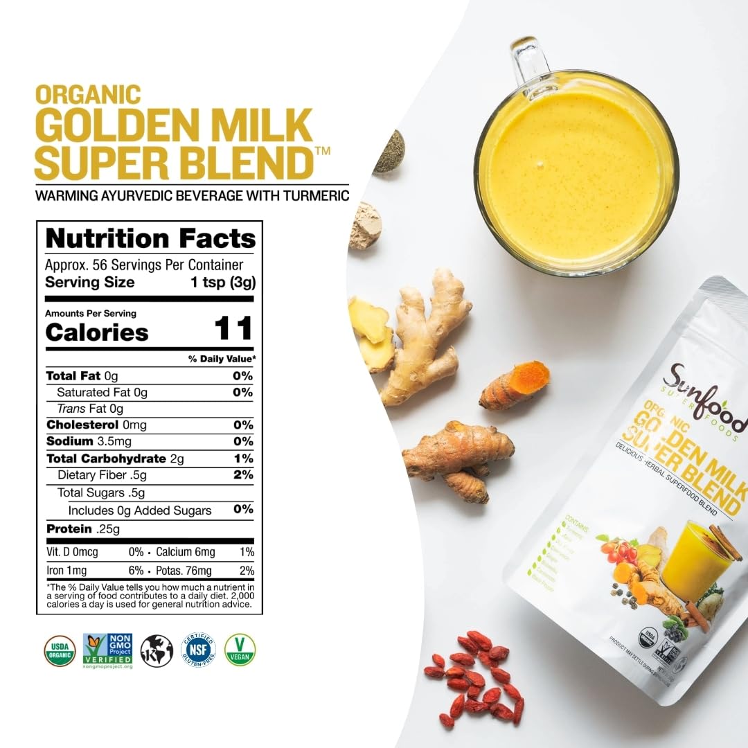 Sunfoods Golden Milk Super Blend - Organic Turmeric Ginger Latte Powder (6 oz)