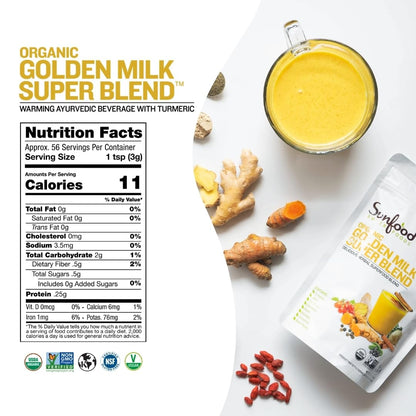 Sunfoods Golden Milk Super Blend - Organic Turmeric Ginger Latte Powder (6 oz)