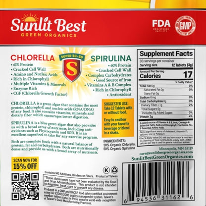 Sunlit 50/50 Organic Chlorella Spirulina Tablets | Immune Support, Gut Health & Energy