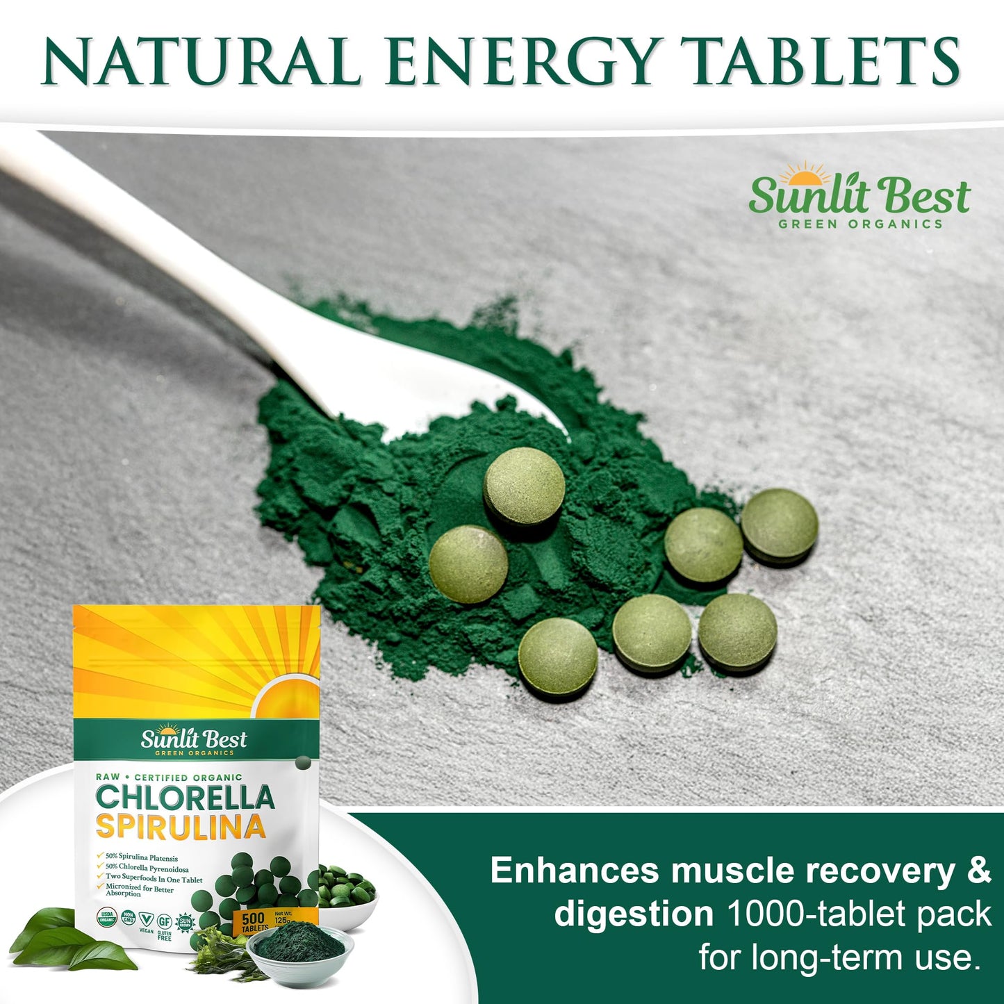 Sunlit Best Chlorella Spirulina Tablets – Organic USDA, 500 Pills