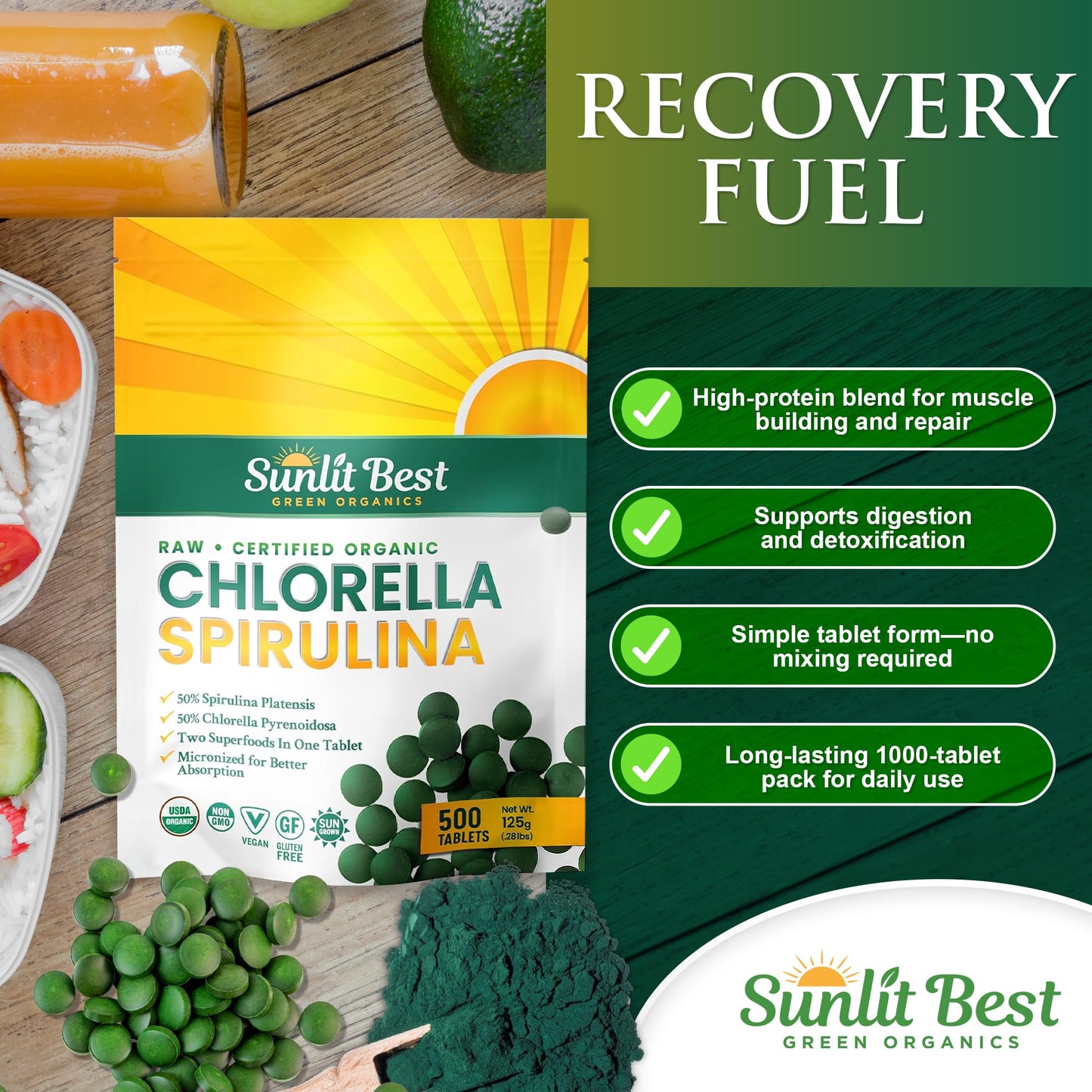 Sunlit Best Chlorella Spirulina Tablets – Organic USDA, 500 Pills