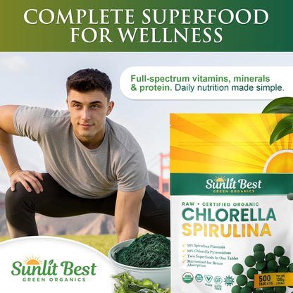 Sunlit Best Chlorella Spirulina Tablets – Organic USDA, 500 Pills