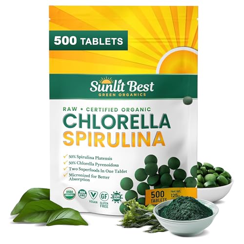 Sunlit Best Chlorella Spirulina Tablets – Organic USDA, 500 Pills