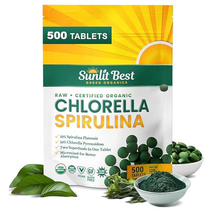 Sunlit Best Chlorella Spirulina Tablets – Organic USDA, 500 Pills