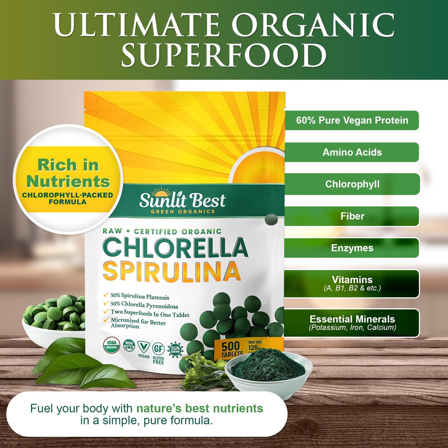 Sunlit Best Chlorella Spirulina Tablets – Organic USDA, 500 Pills