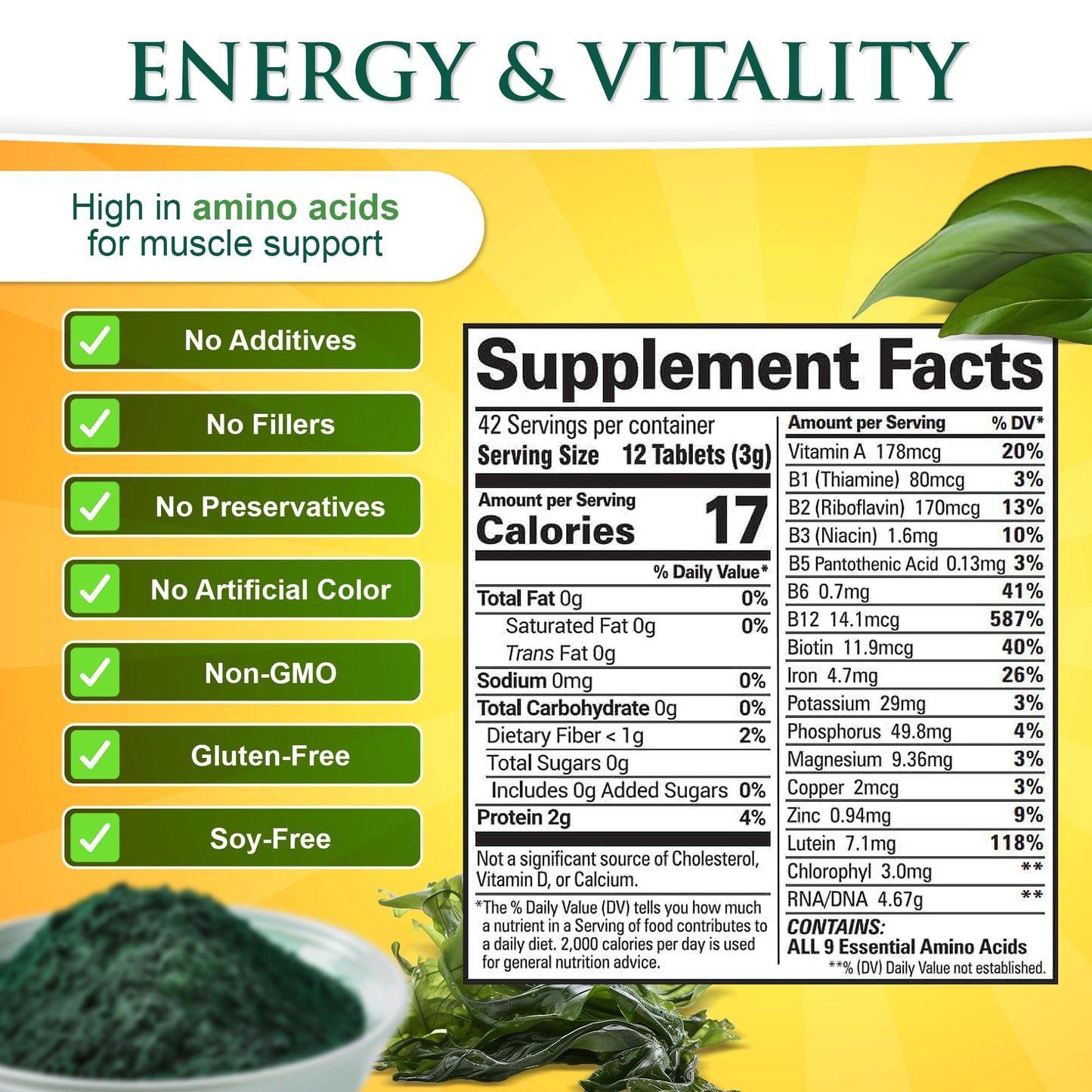 Sunlit Best Organic Burst Chlorella Spirulina Tablets - 1000 Count