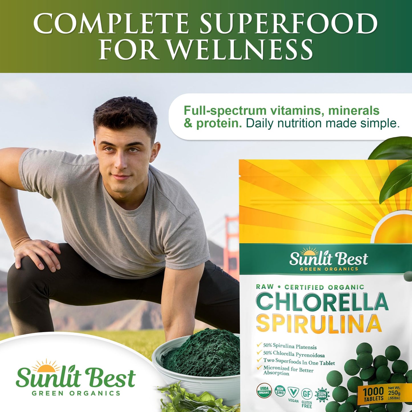 Sunlit Best Organic Burst Chlorella Spirulina Tablets - 1000 Count