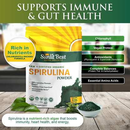 Sunlit Best Spirulina Powder Organic USDA - Chlorophyll, Fast Absorption, Blue-Green Spirulina Algae, Raw Vegan Protein - Non-GMO, Gluten Free Superfood Energy, Gut, Immune Support Supplement - 8 Oz