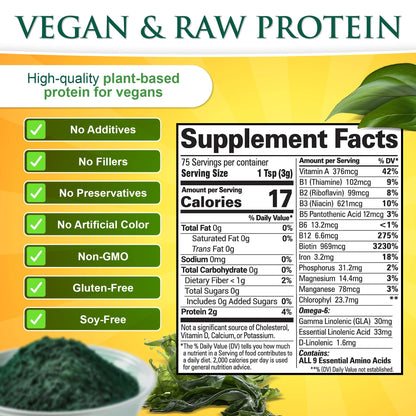 Sunlit Best Spirulina Powder Organic USDA - Chlorophyll, Fast Absorption, Blue-Green Spirulina Algae, Raw Vegan Protein - Non-GMO, Gluten Free Superfood Energy, Gut, Immune Support Supplement - 8 Oz