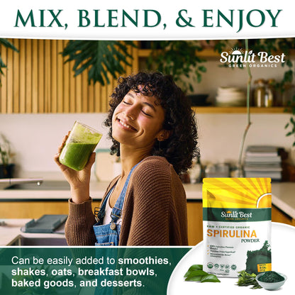 Sunlit Best Spirulina Powder Organic USDA - Chlorophyll, Fast Absorption, Blue-Green Spirulina Algae, Raw Vegan Protein - Non-GMO, Gluten Free Superfood Energy, Gut, Immune Support Supplement - 8 Oz