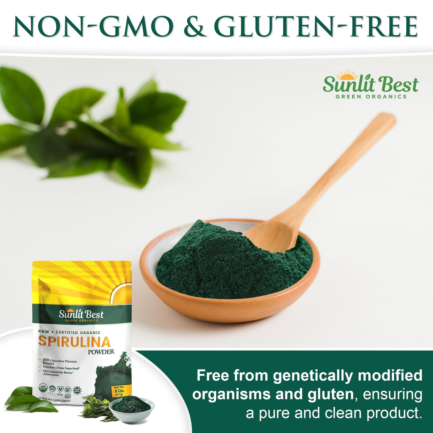 Sunlit Best Spirulina Powder Organic USDA - Chlorophyll, Fast Absorption, Blue-Green Spirulina Algae, Raw Vegan Protein - Non-GMO, Gluten Free Superfood Energy, Gut, Immune Support Supplement - 8 Oz