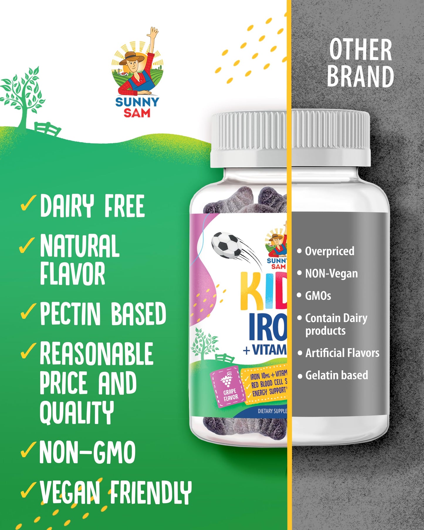 SUNNY SAM Iron Gummies for Kids & Teens – 10 mg Iron + Vitamin C