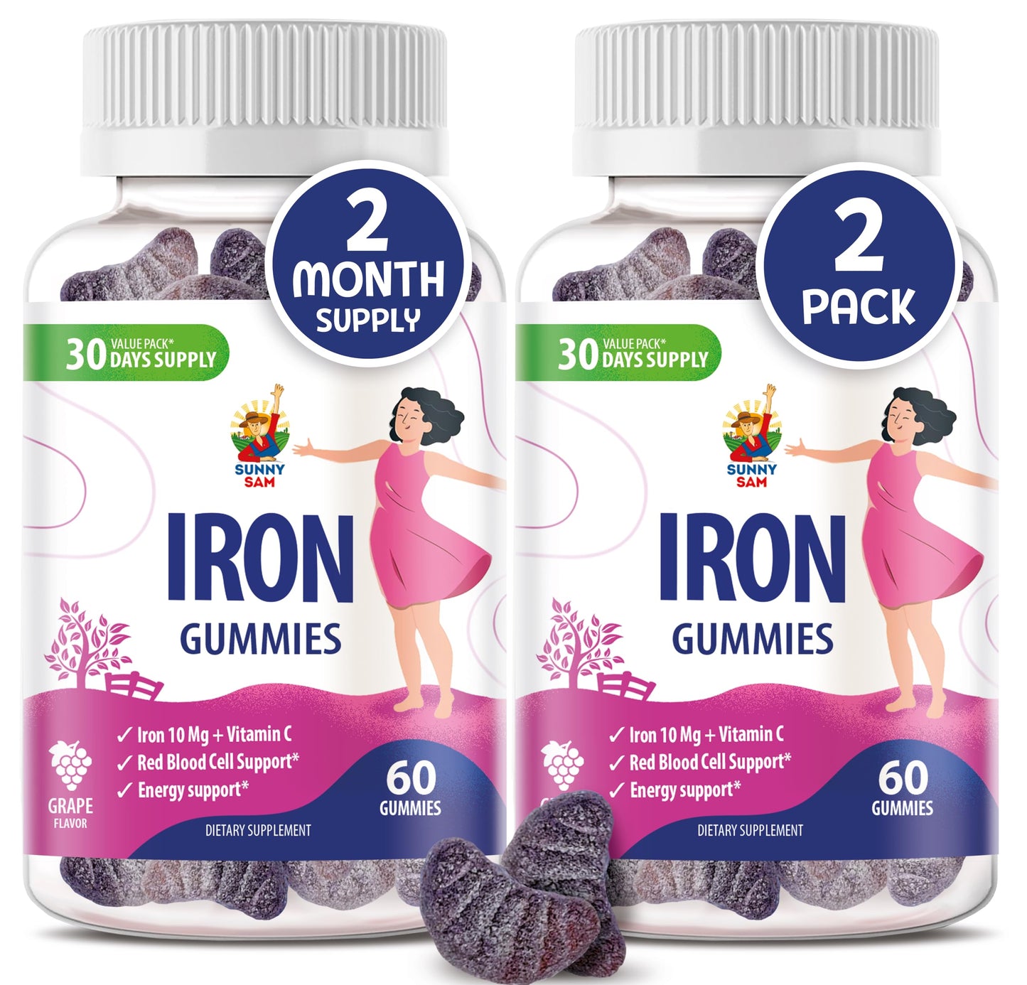 Sunny Sam Iron Gummies for Kids & Adults - 10 mg Iron + Vitamin C