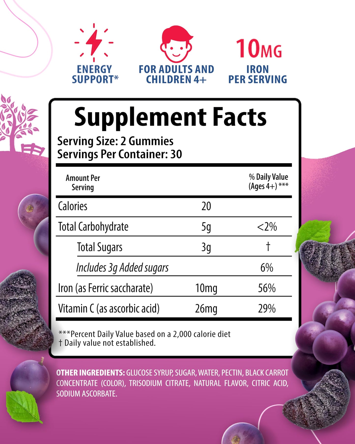 Sunny Sam Iron Gummies for Kids & Adults - 10 mg Iron + Vitamin C