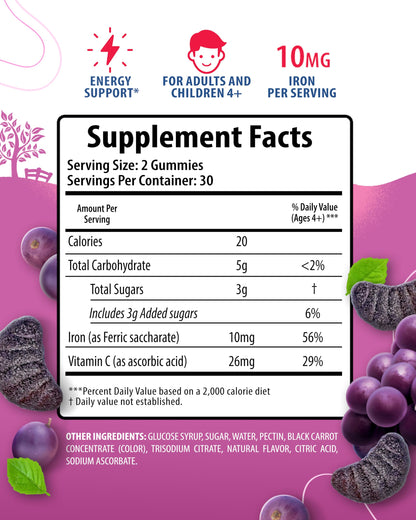 Sunny Sam Iron Gummies for Kids & Adults - 10 mg Iron + Vitamin C