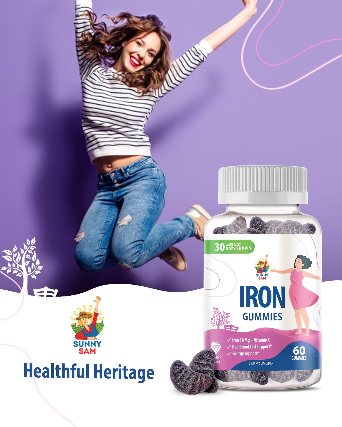 Sunny Sam Iron Gummies for Kids & Adults - 10 mg Iron + Vitamin C