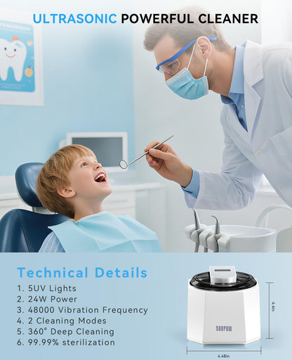 SUNPOW Ultrasonic Retainer Cleaner – 48kHz, 5 UV Lights, 220ml Cleaning Pod