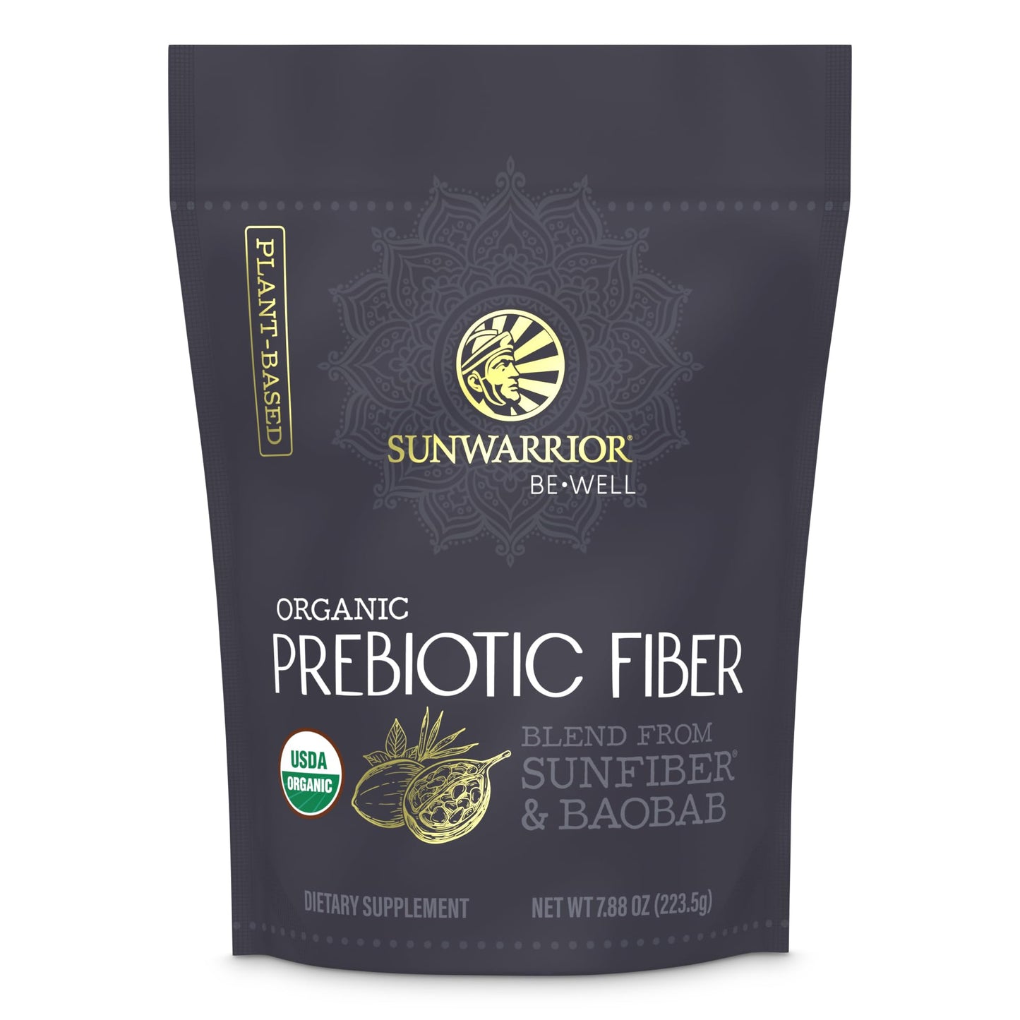 Sunwarrior Be Well Prebiotic Fiber Supplement - Organic Plant-Powered Gut Health (Vegan, Non-GMO) 8oz Pouch | 30 Servings